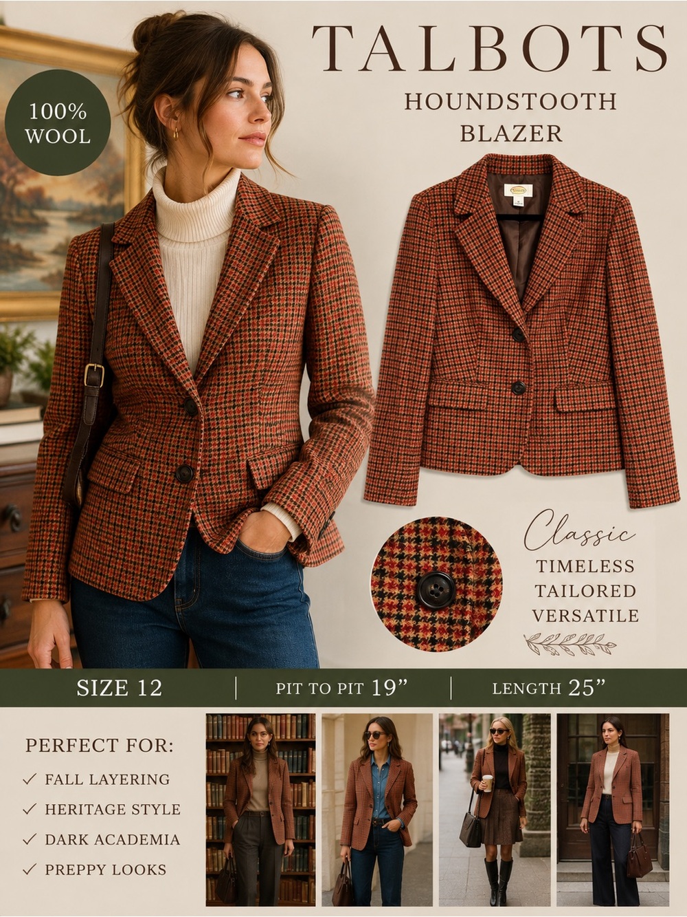 Talbots Wool Houndstooth Blazer Jacket Size 12 Brown Rust Red Heritage